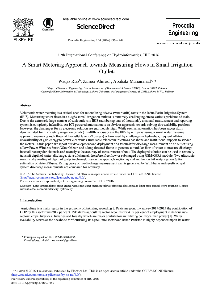 A Smart Metering Approach towards Measuring Flows in Small Irrigation Outlets