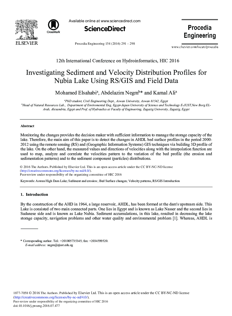 Investigating Sediment and Velocity Distribution Profiles for Nubia Lake Using RS/GIS and Field Data