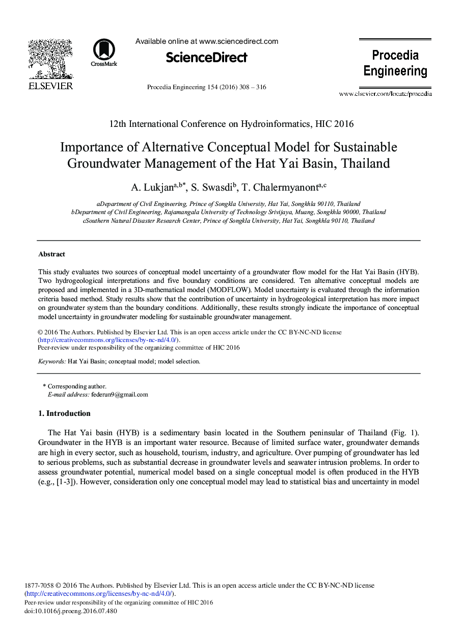Importance of Alternative Conceptual Model for Sustainable Groundwater Management of the Hat Yai Basin, Thailand