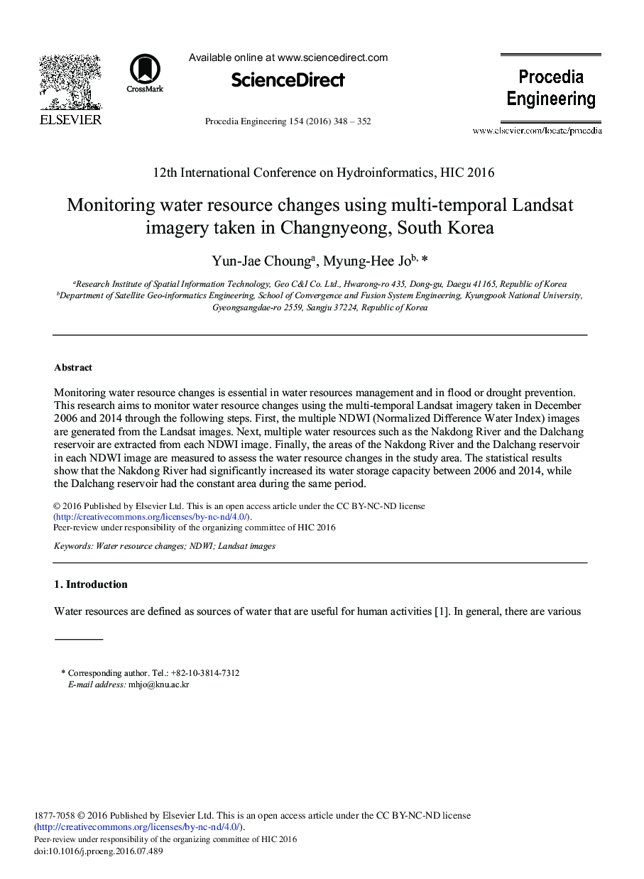 Monitoring Water Resource Changes Using Multi-temporal Landsat Imagery Taken in Changnyeong, South Korea