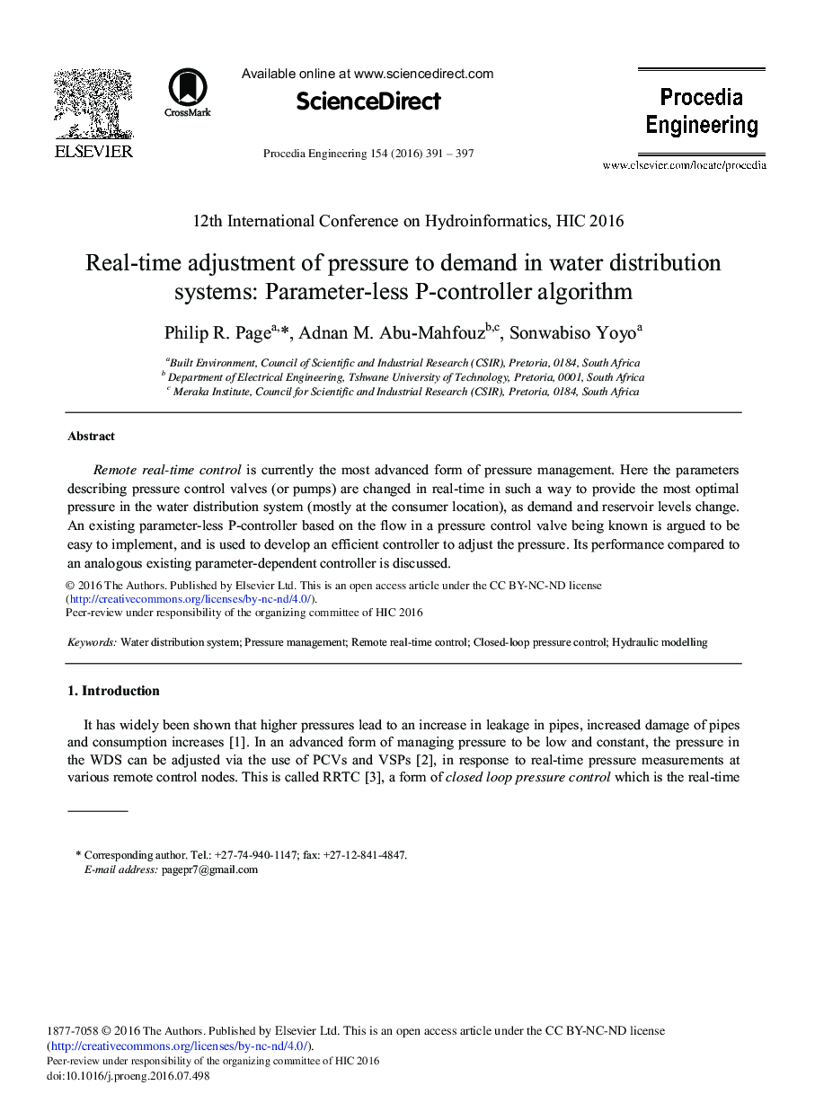 Real-time Adjustment of Pressure to Demand in Water Distribution Systems: Parameter-less P-controller Algorithm