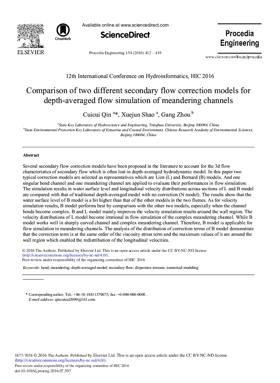 Comparison of Two Different Secondary Flow Correction Models for Depth-averaged Flow Simulation of Meandering Channels