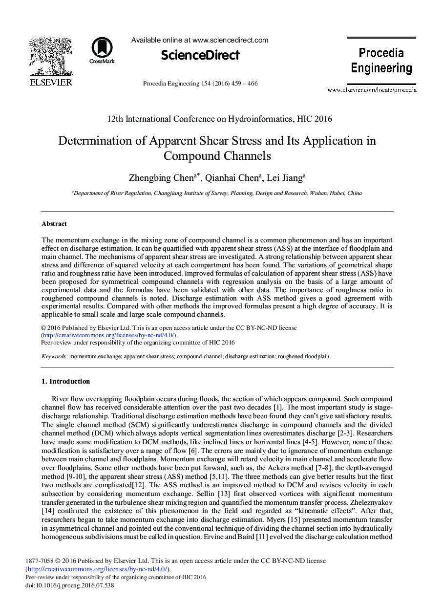 Determination of Apparent Shear Stress and its Application in Compound Channels