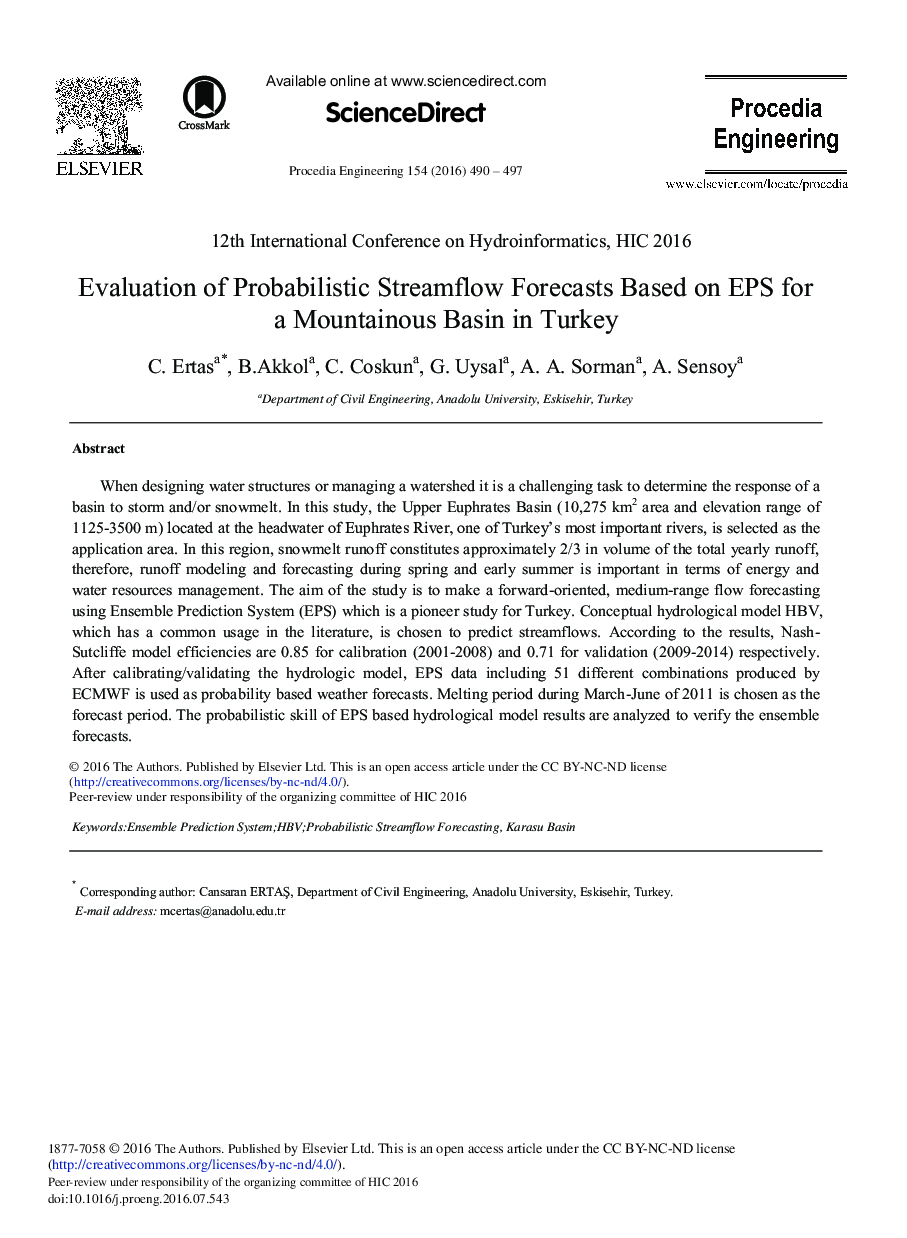 Evaluation of Probabilistic Streamflow Forecasts Based on EPS for a Mountainous Basin in Turkey