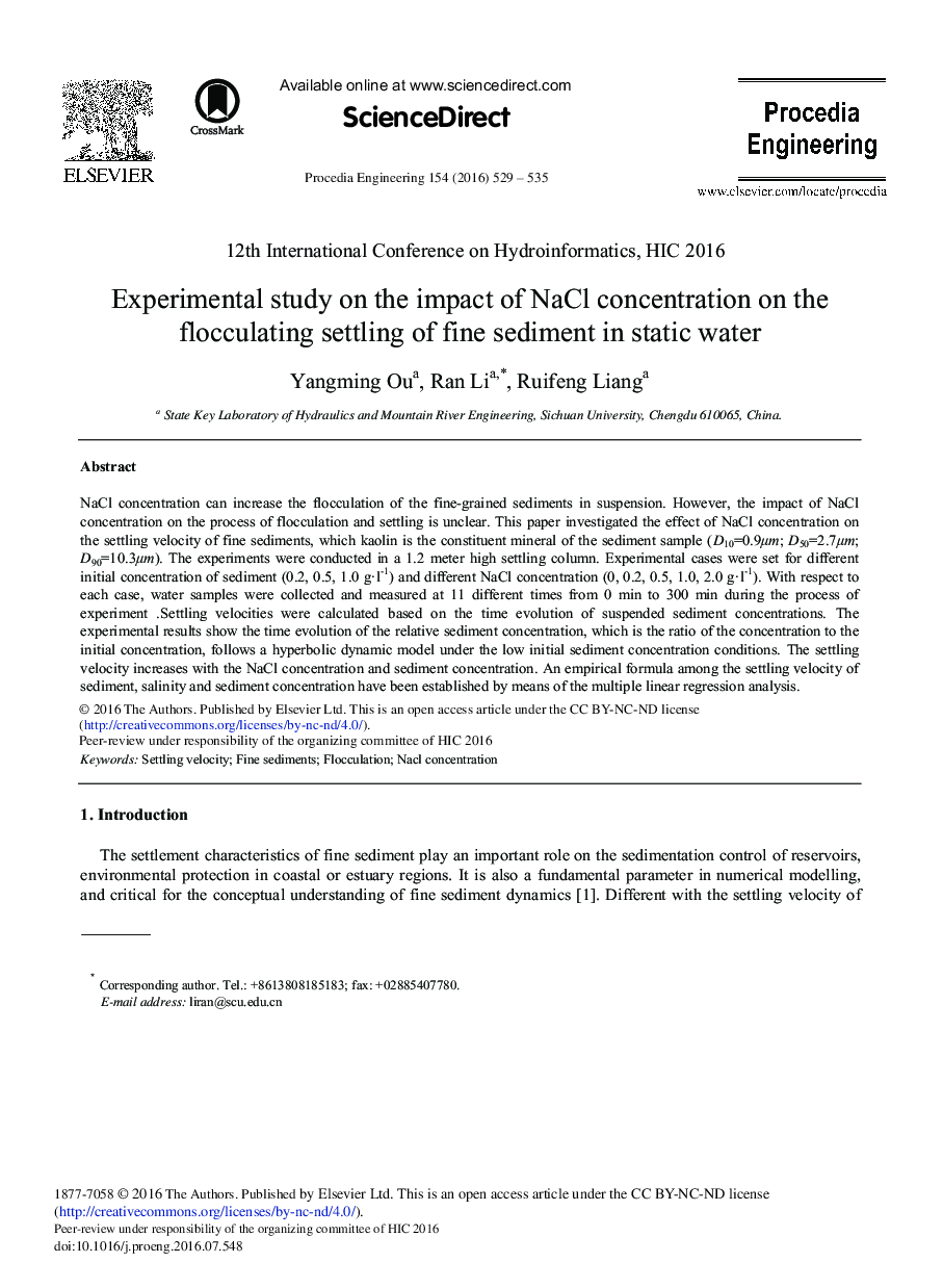 Experimental Study on the Impact of NaCl Concentration on the Flocculating Settling of Fine Sediment in Static Water