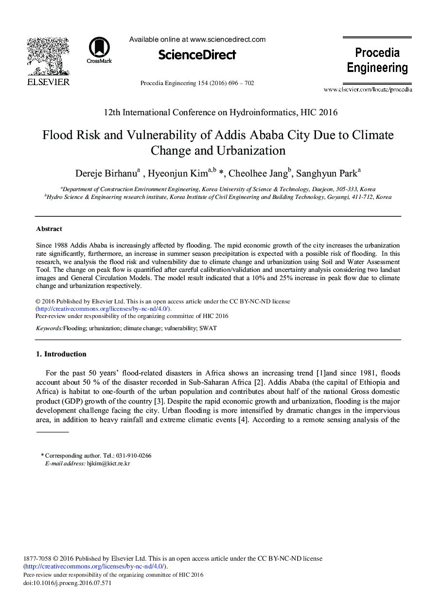 Flood Risk and Vulnerability of Addis Ababa City Due to Climate Change and Urbanization