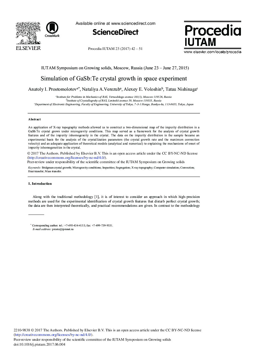 Simulation of GaSb:Te Crystal Growth in Space Experiment