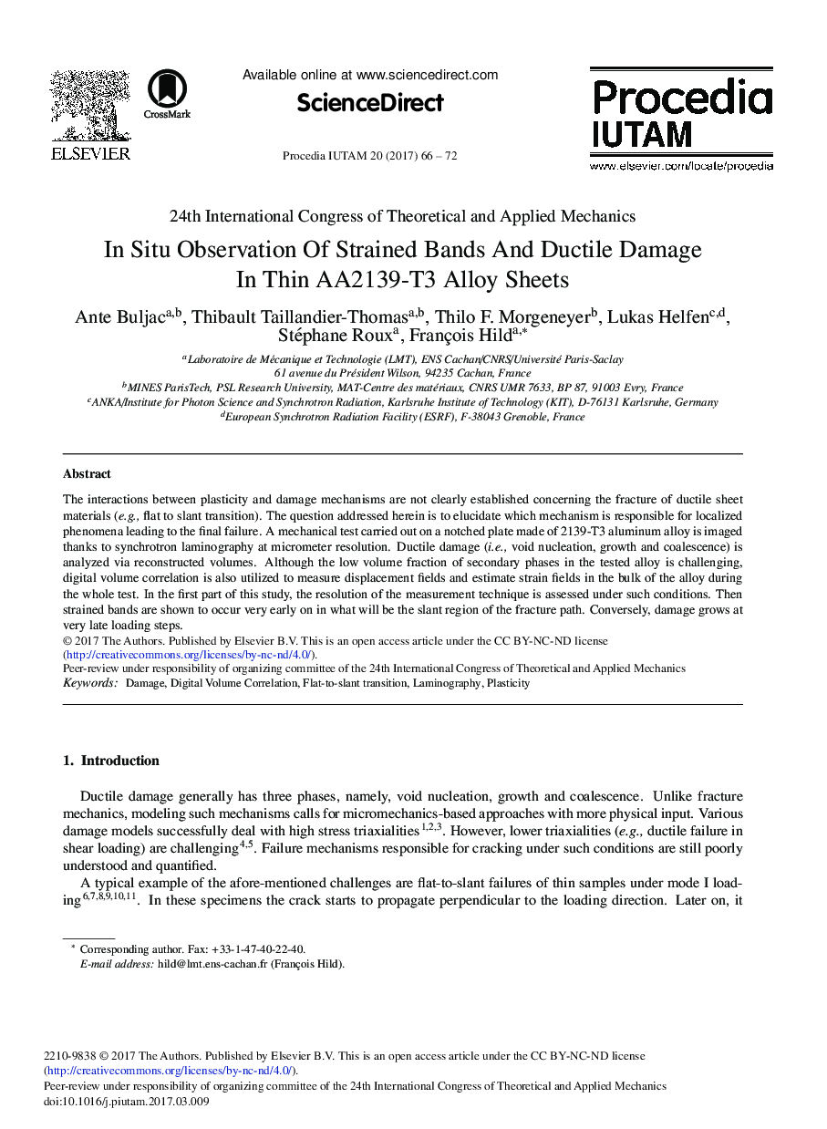 In Situ Observation of Strained Bands and Ductile Damage in Thin AA2139-T3 Alloy Sheets