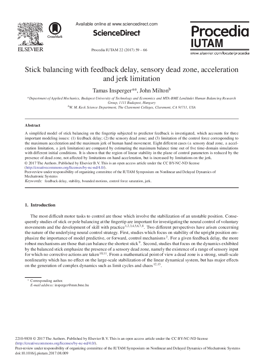 Stick Balancing with Feedback Delay, Sensory Dead Zone, Acceleration and Jerk Limitation