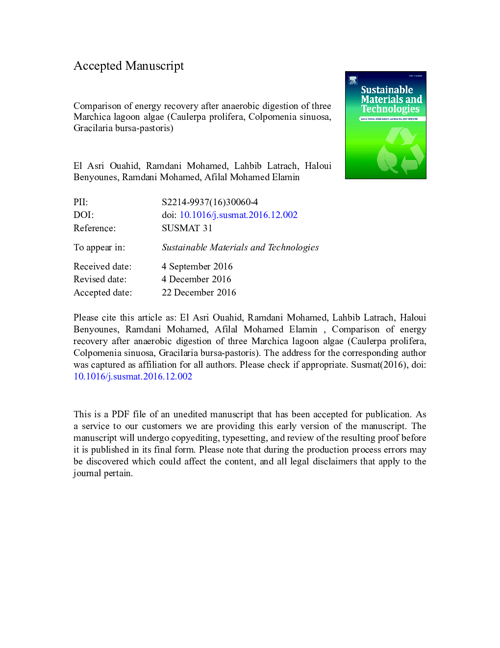 Comparison of energy recovery after anaerobic digestion of three Marchica lagoon algae (Caulerpa prolifera, Colpomenia sinuosa, Gracilaria bursa-pastoris)