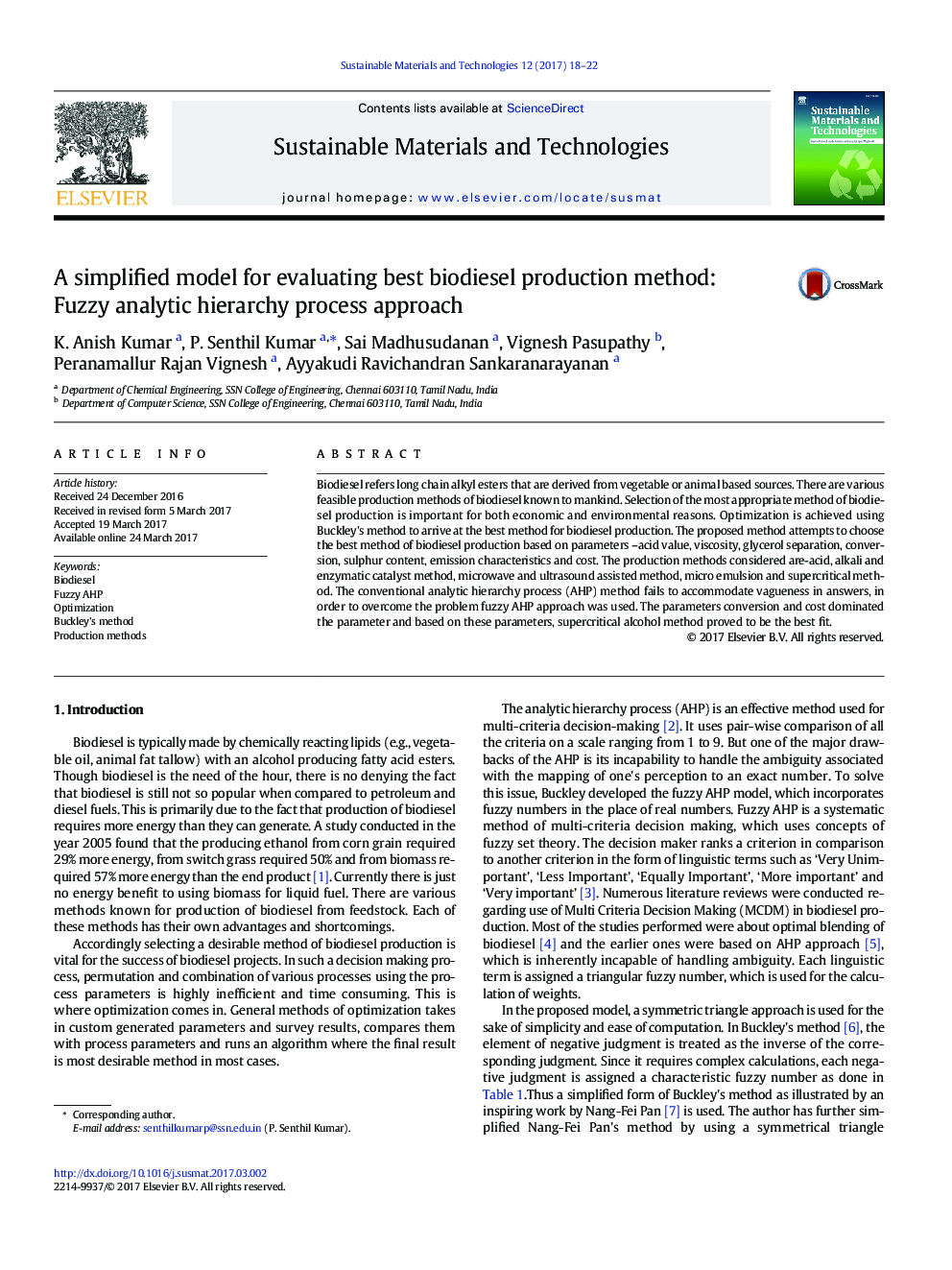 A simplified model for evaluating best biodiesel production method: Fuzzy analytic hierarchy process approach