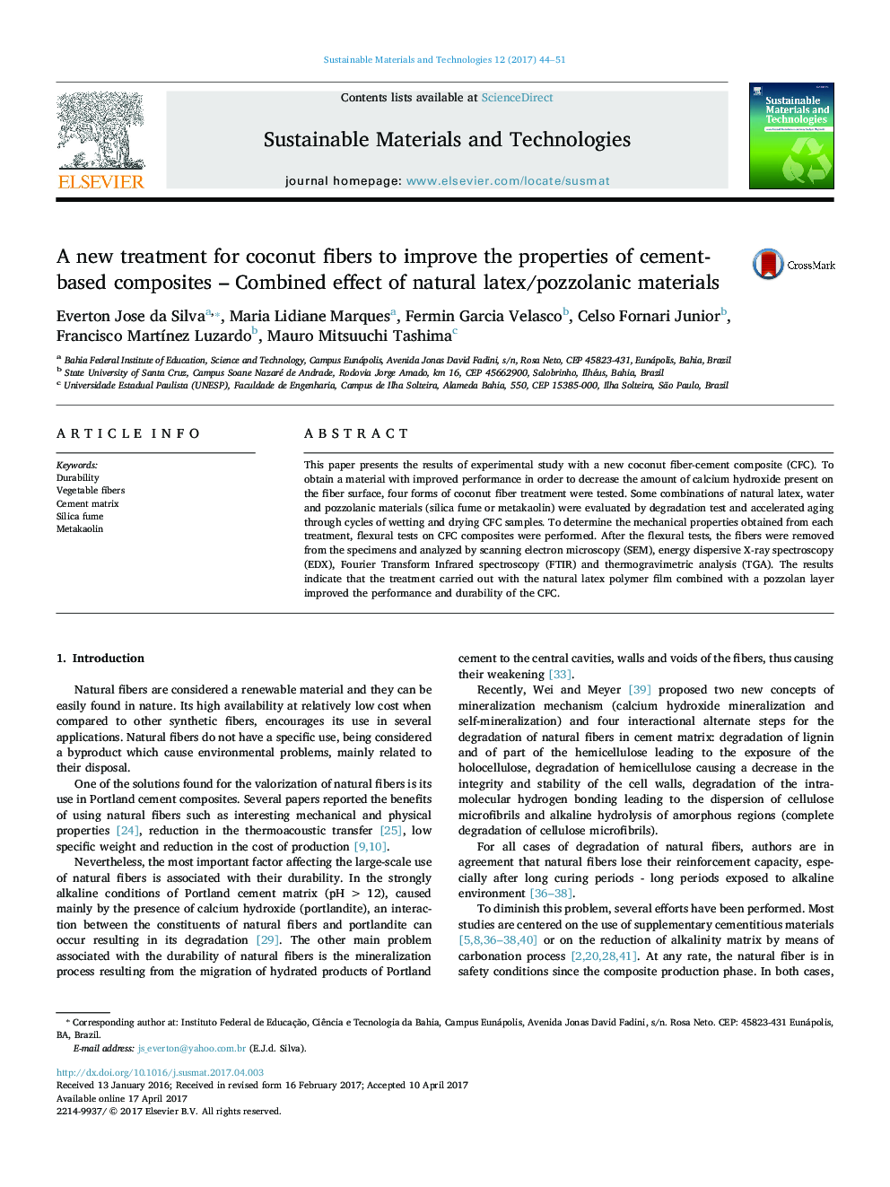 A new treatment for coconut fibers to improve the properties of cement-based composites - Combined effect of natural latex/pozzolanic materials