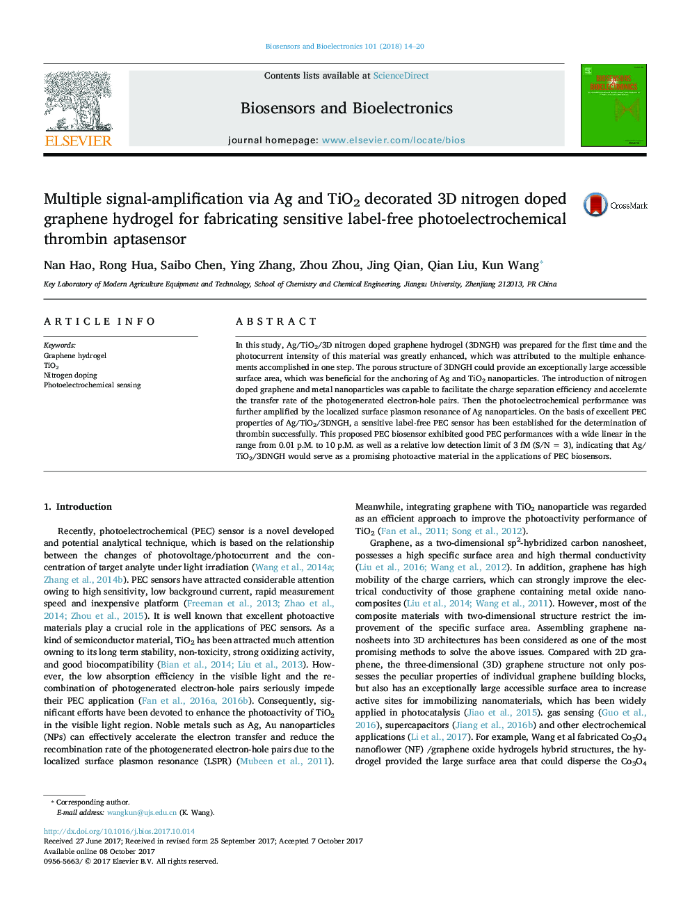 Multiple signal-amplification via Ag and TiO2 decorated 3D nitrogen doped graphene hydrogel for fabricating sensitive label-free photoelectrochemical thrombin aptasensor