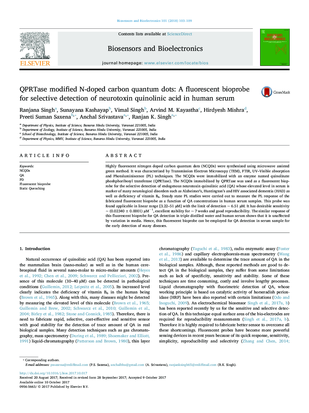 QPRTase modified N-doped carbon quantum dots: A fluorescent bioprobe for selective detection of neurotoxin quinolinic acid in human serum