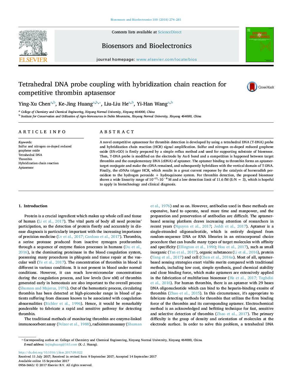 Tetrahedral DNA probe coupling with hybridization chain reaction for competitive thrombin aptasensor