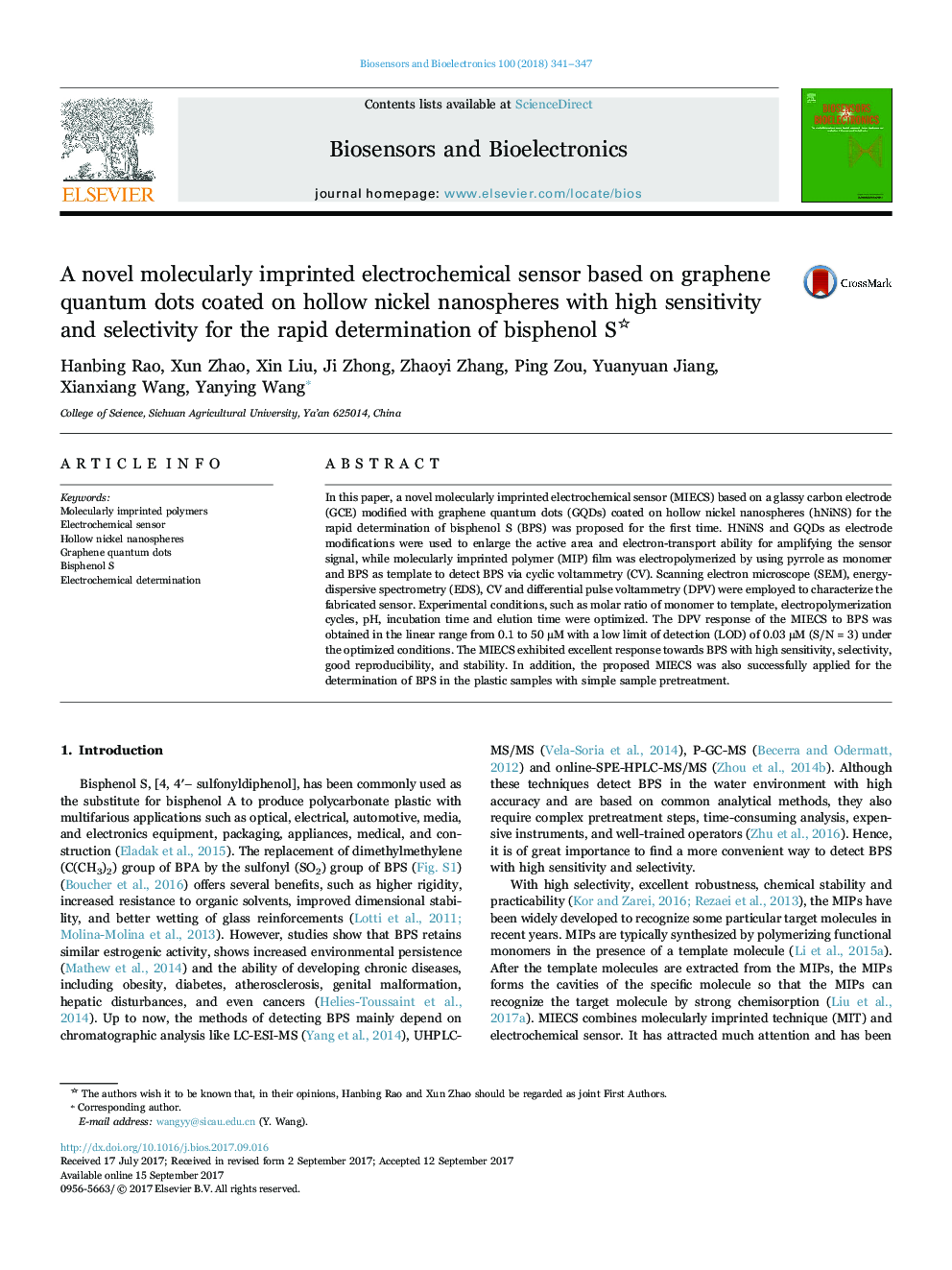 A novel molecularly imprinted electrochemical sensor based on graphene quantum dots coated on hollow nickel nanospheres with high sensitivity and selectivity for the rapid determination of bisphenol S