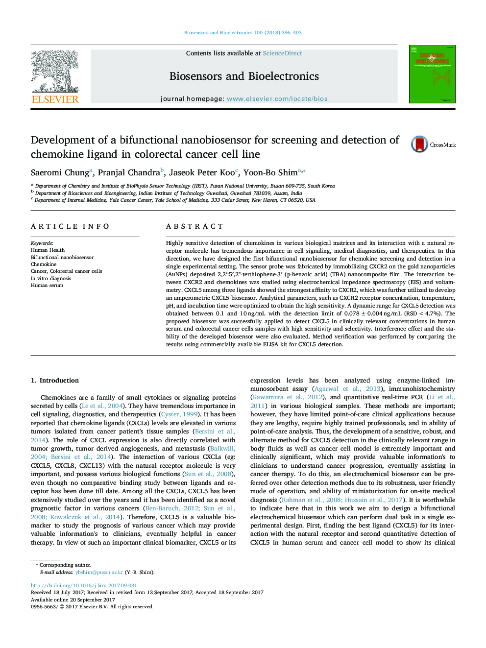 Development of a bifunctional nanobiosensor for screening and detection of chemokine ligand in colorectal cancer cell line