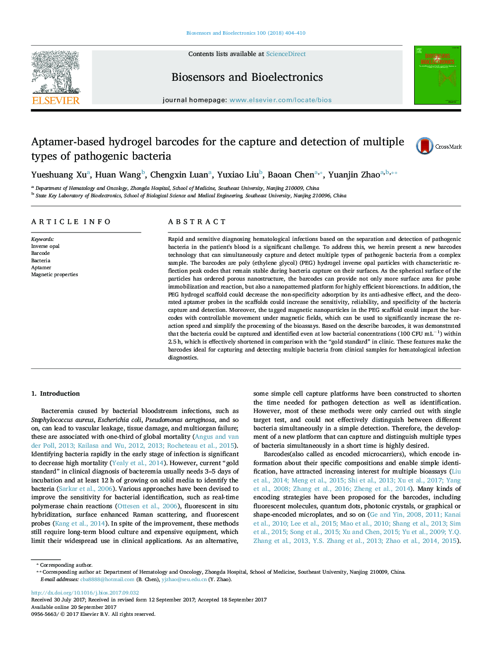 Aptamer-based hydrogel barcodes for the capture and detection of multiple types of pathogenic bacteria