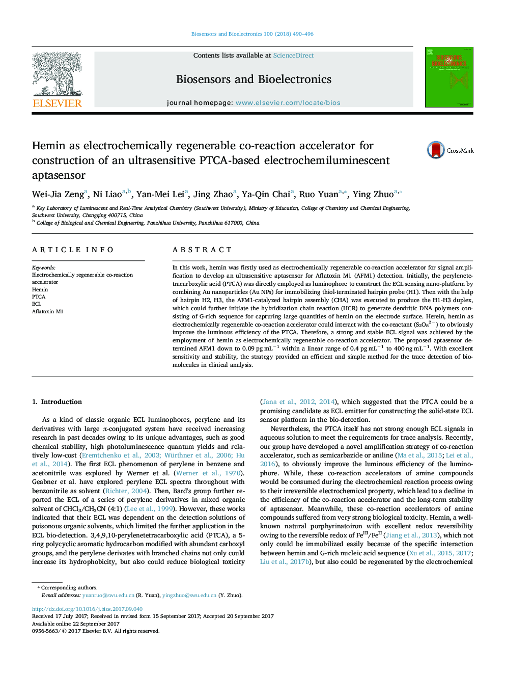 Hemin as electrochemically regenerable co-reaction accelerator for construction of an ultrasensitive PTCA-based electrochemiluminescent aptasensor