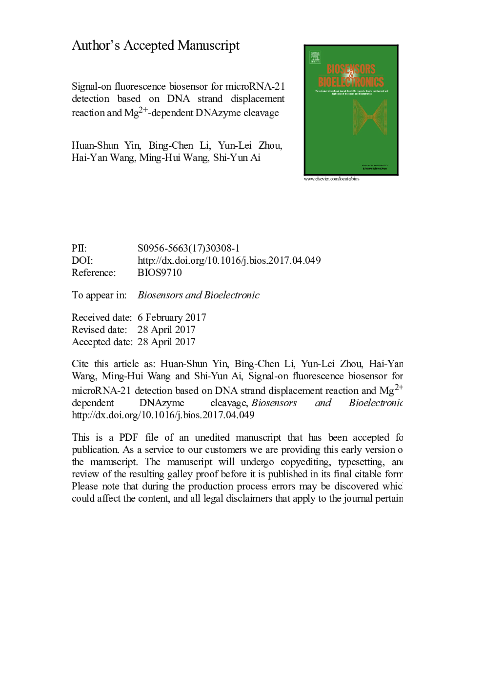 عکس صفحه اول مقاله: Signal-on fluorescence biosensor for microRNA-21 detection based on DNA strand displacement reaction and Mg2+-dependent DNAzyme cleavage Signal-on fluorescence biosensor for microRNA-21 detection based on DNA strand displacement reaction and Mg2+-dependent DNAzyme cleavage