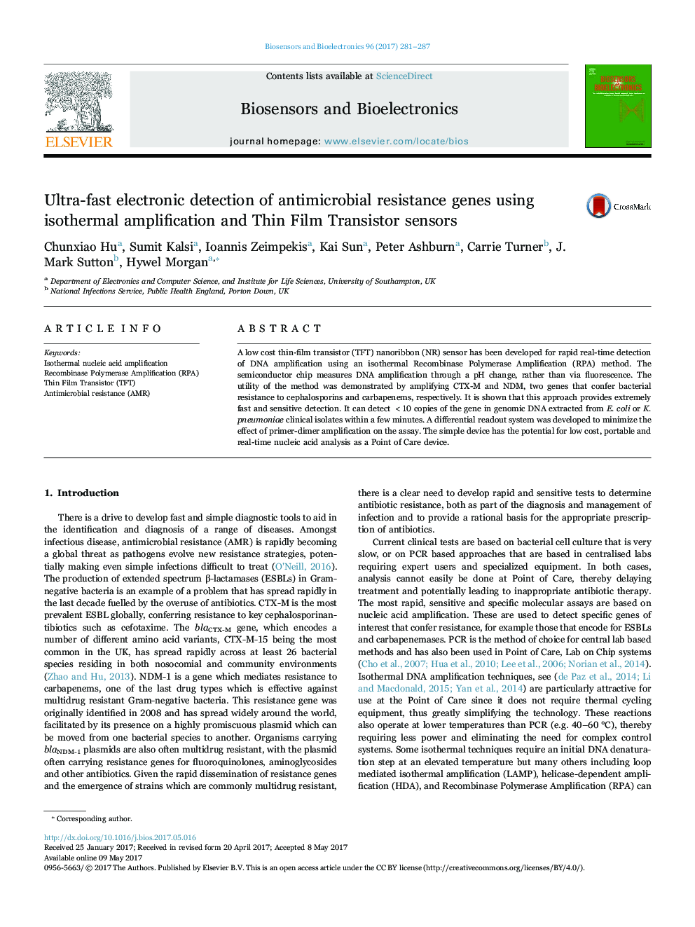 Ultra-fast electronic detection of antimicrobial resistance genes using isothermal amplification and Thin Film Transistor sensors