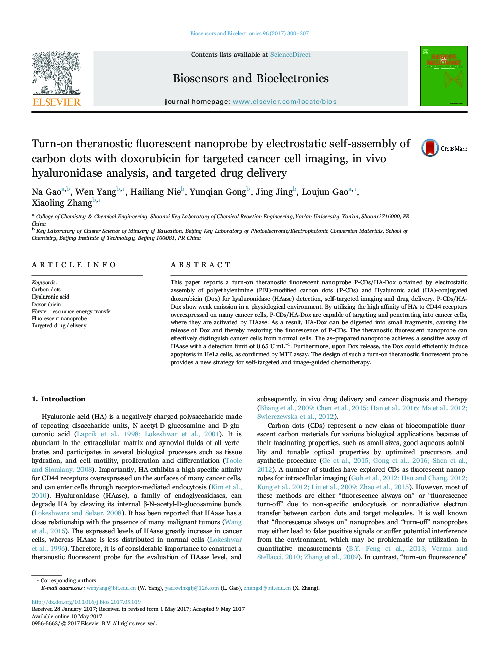 Turn-on theranostic fluorescent nanoprobe by electrostatic self-assembly of carbon dots with doxorubicin for targeted cancer cell imaging, in vivo hyaluronidase analysis, and targeted drug delivery