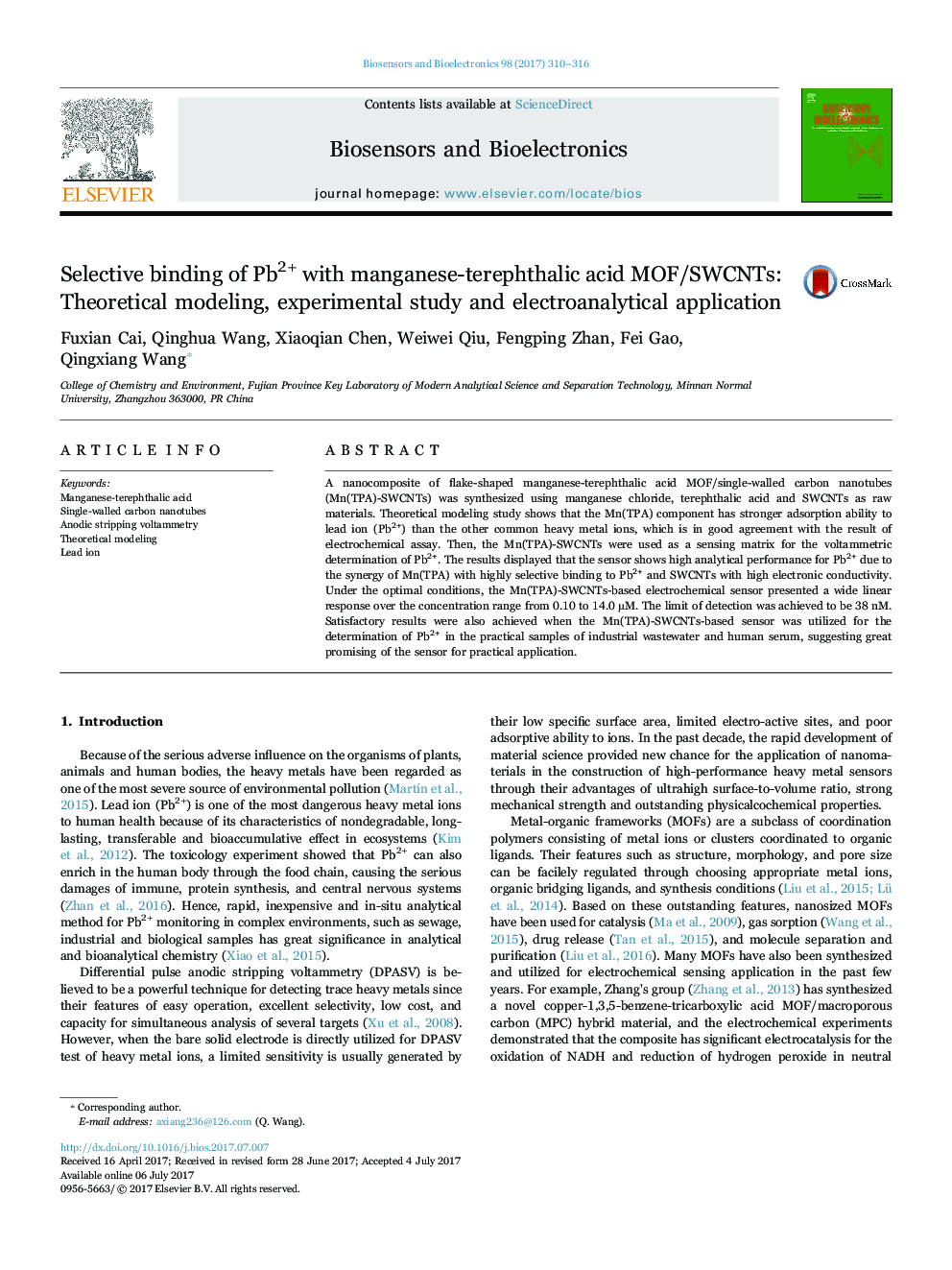 Selective binding of Pb2+ with manganese-terephthalic acid MOF/SWCNTs: Theoretical modeling, experimental study and electroanalytical application