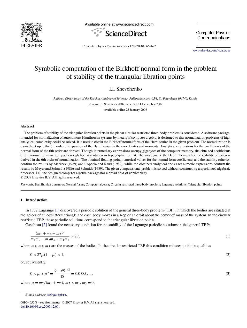 Symbolic computation of the Birkhoff normal form in the problem of stability of the triangular libration points