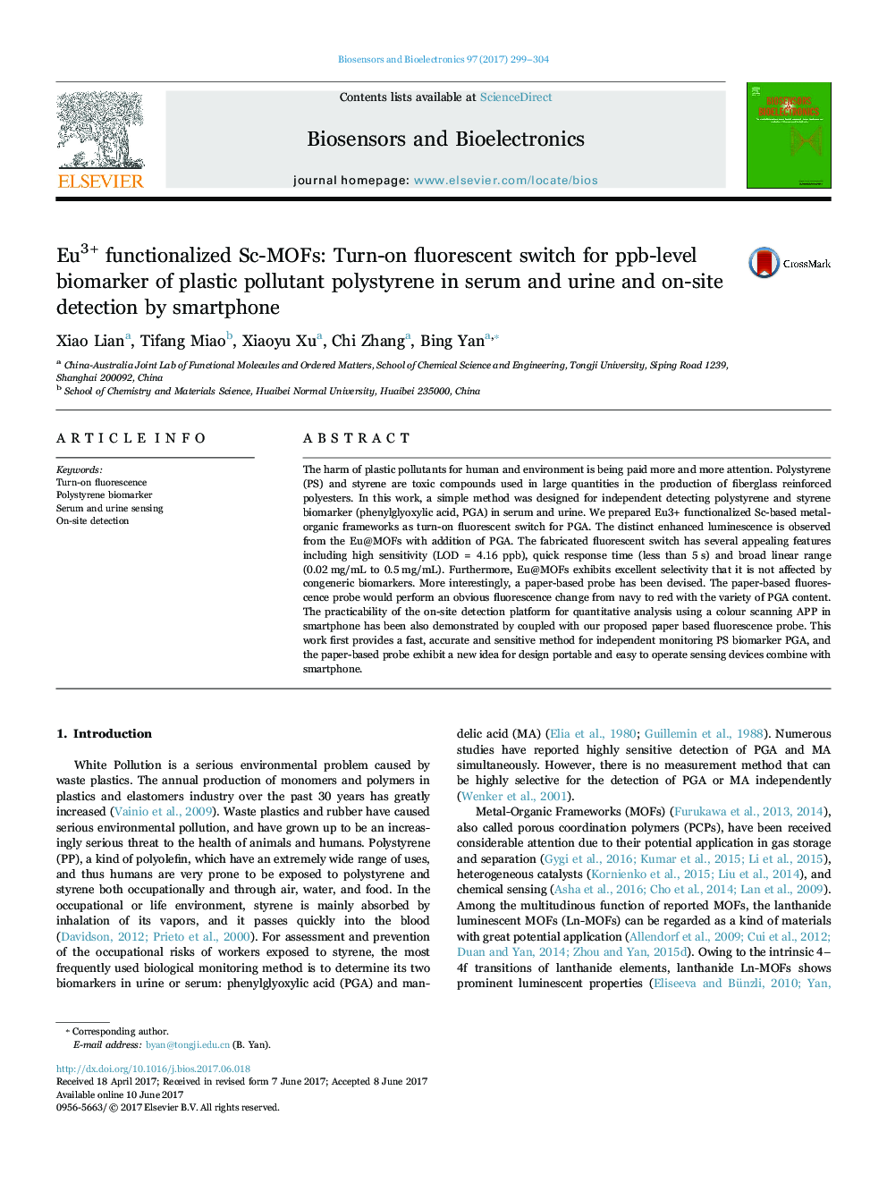 Eu3+ functionalized Sc-MOFs: Turn-on fluorescent switch for ppb-level biomarker of plastic pollutant polystyrene in serum and urine and on-site detection by smartphone