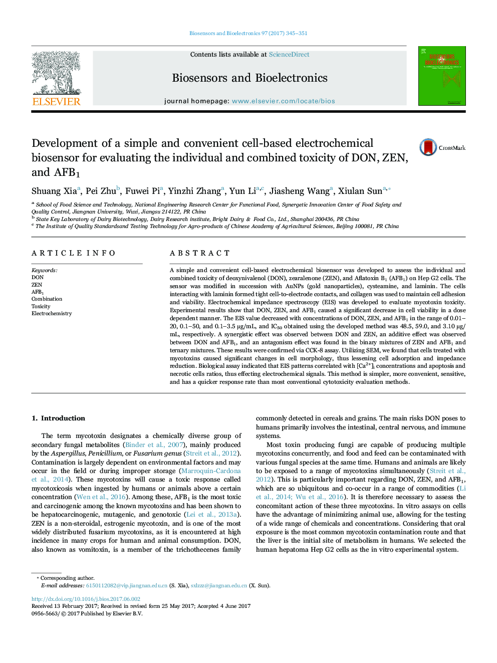 Development of a simple and convenient cell-based electrochemical biosensor for evaluating the individual and combined toxicity of DON, ZEN, and AFB1