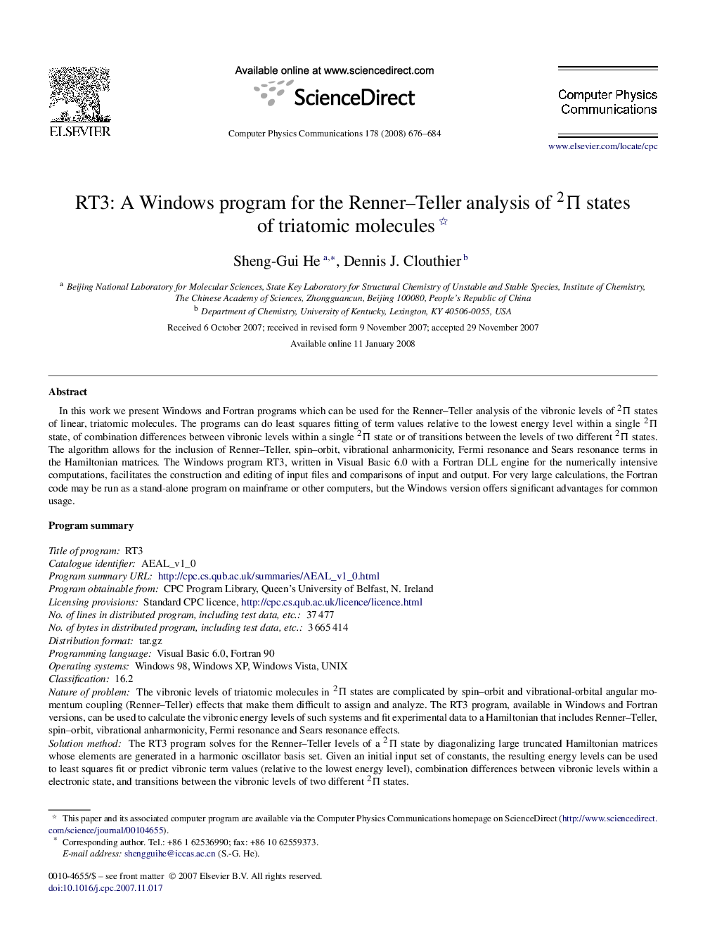 RT3: A Windows program for the Renner–Teller analysis of Π2 states of triatomic molecules 