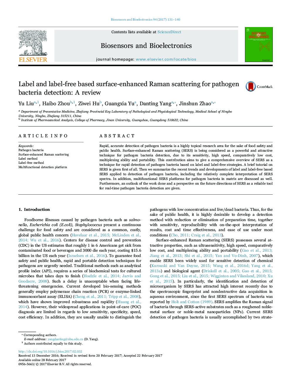 Label and label-free based surface-enhanced Raman scattering for pathogen bacteria detection: A review