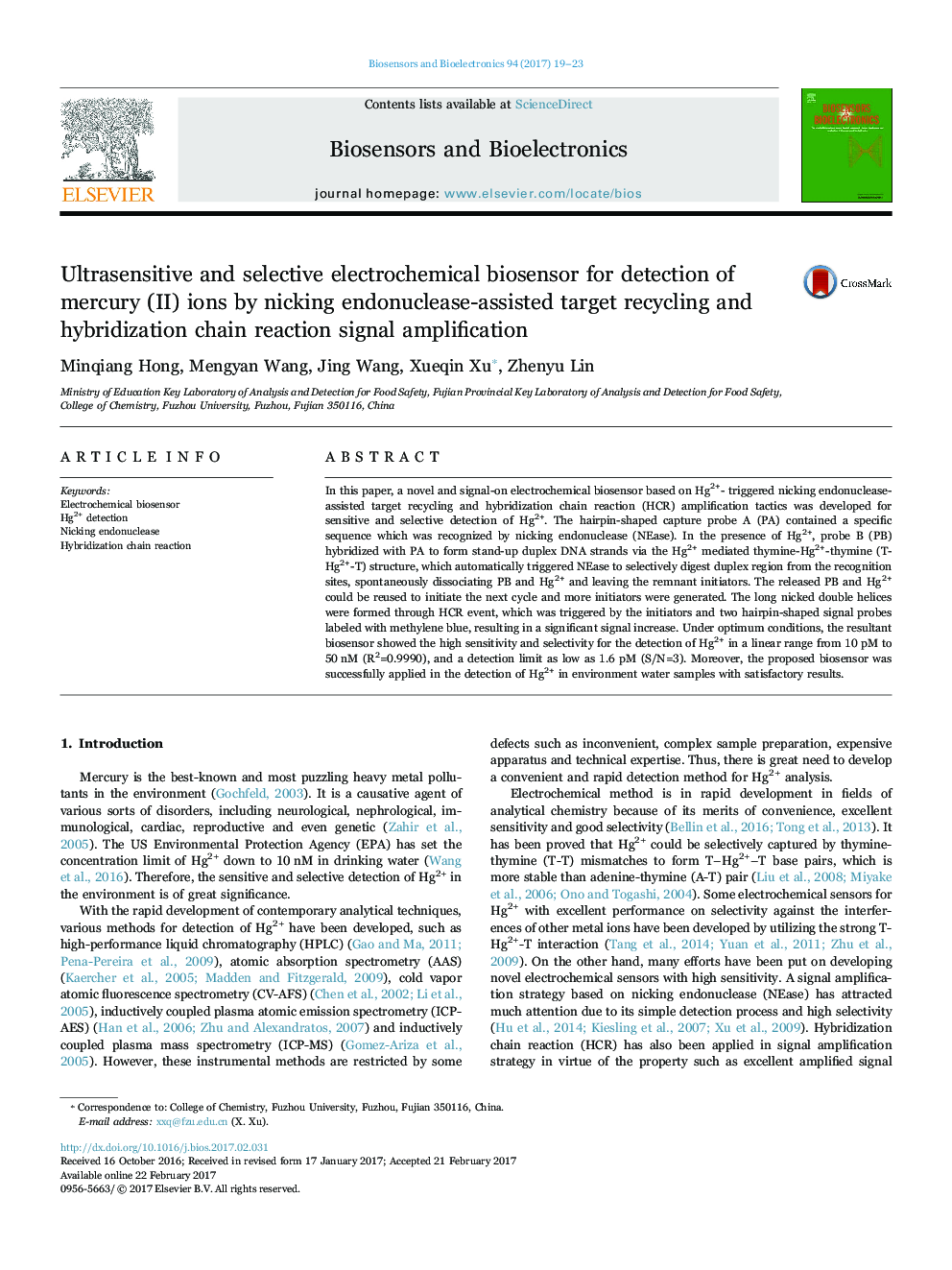 Ultrasensitive and selective electrochemical biosensor for detection of mercury (II) ions by nicking endonuclease-assisted target recycling and hybridization chain reaction signal amplification