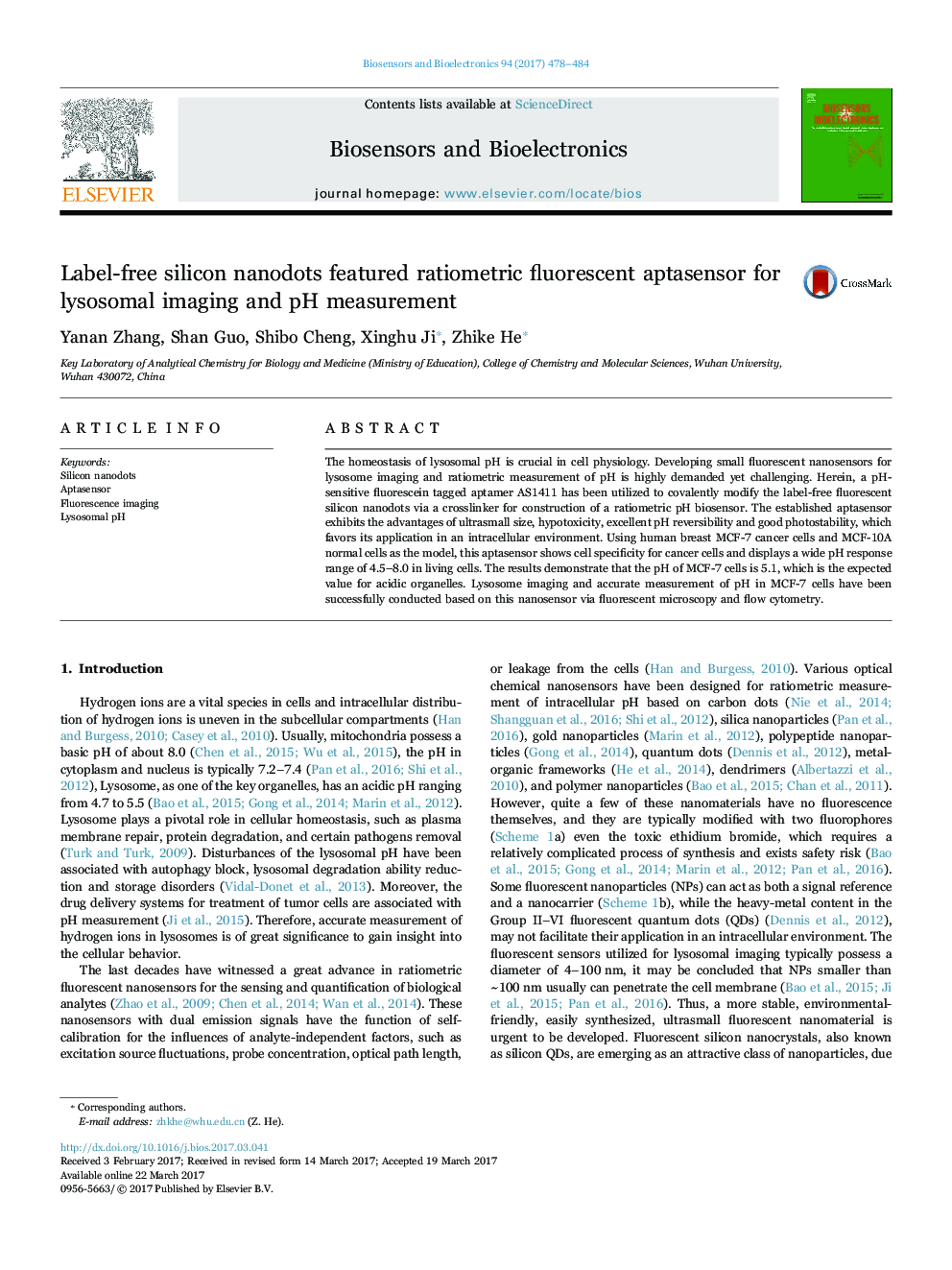 Label-free silicon nanodots featured ratiometric fluorescent aptasensor for lysosomal imaging and pH measurement