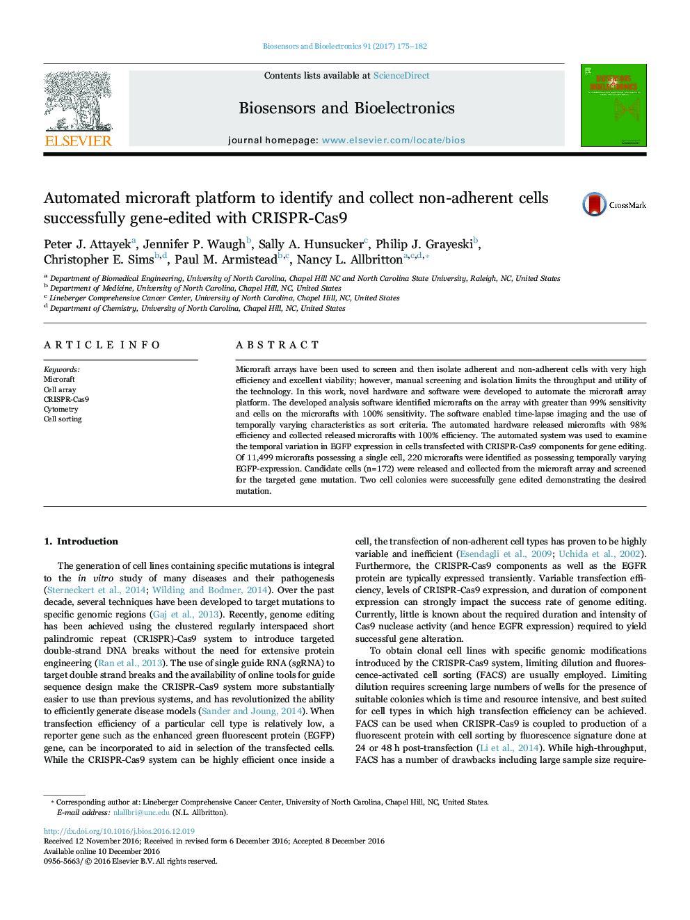 عکس صفحه اول مقاله: Automated microraft platform to identify and collect non-adherent cells successfully gene-edited with CRISPR-Cas9 Automated microraft platform to identify and collect non-adherent cells successfully gene-edited with CRISPR-Cas9