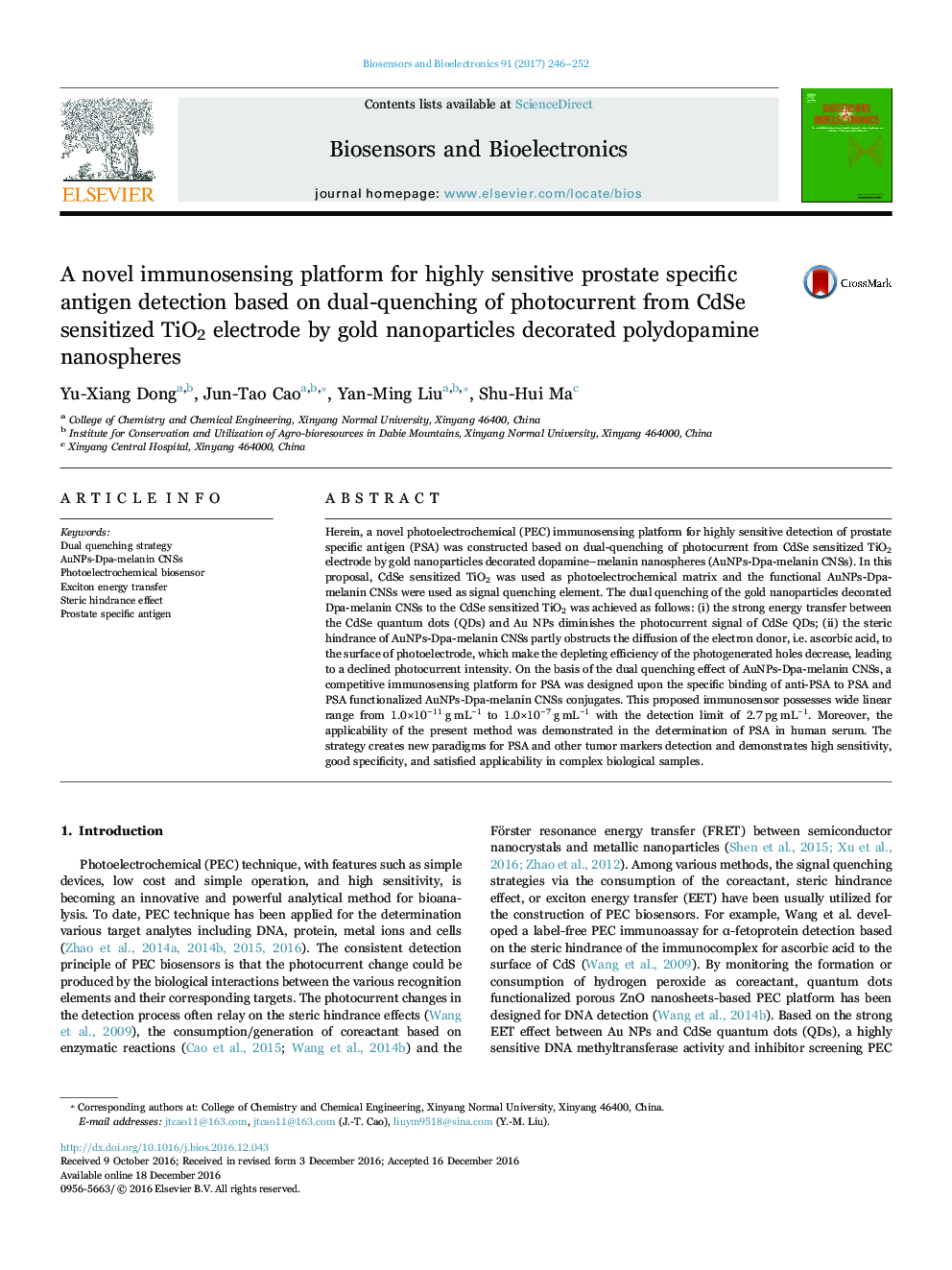 A novel immunosensing platform for highly sensitive prostate specific antigen detection based on dual-quenching of photocurrent from CdSe sensitized TiO2 electrode by gold nanoparticles decorated polydopamine nanospheres