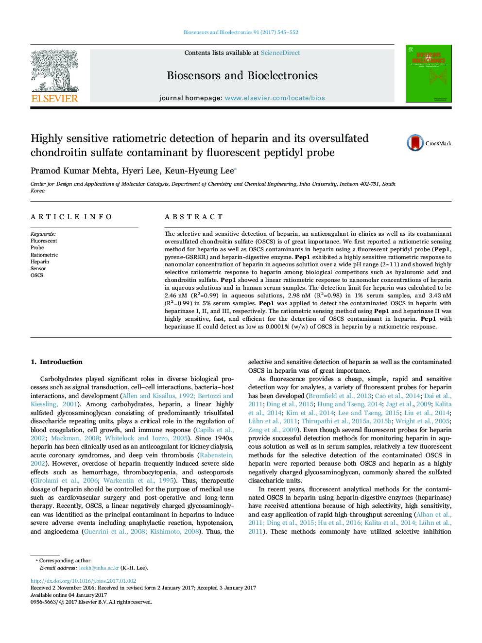 Highly sensitive ratiometric detection of heparin and its oversulfated chondroitin sulfate contaminant by fluorescent peptidyl probe