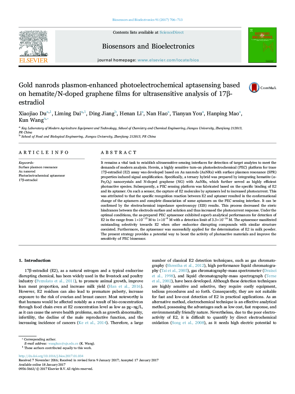 Gold nanrods plasmon-enhanced photoelectrochemical aptasensing based on hematite/N-doped graphene films for ultrasensitive analysis of 17Î²-estradiol