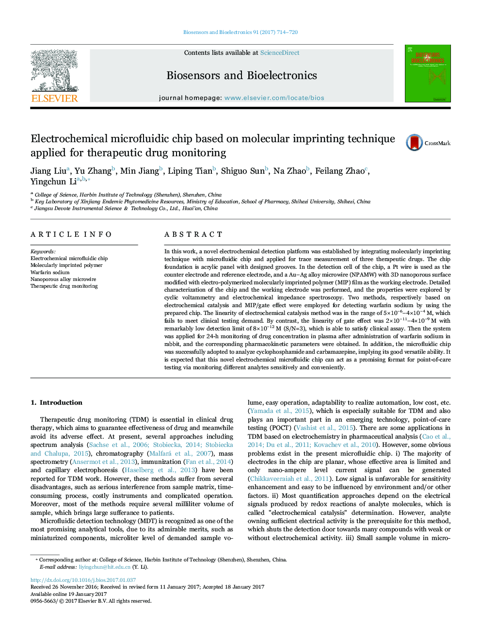 Electrochemical microfluidic chip based on molecular imprinting technique applied for therapeutic drug monitoring