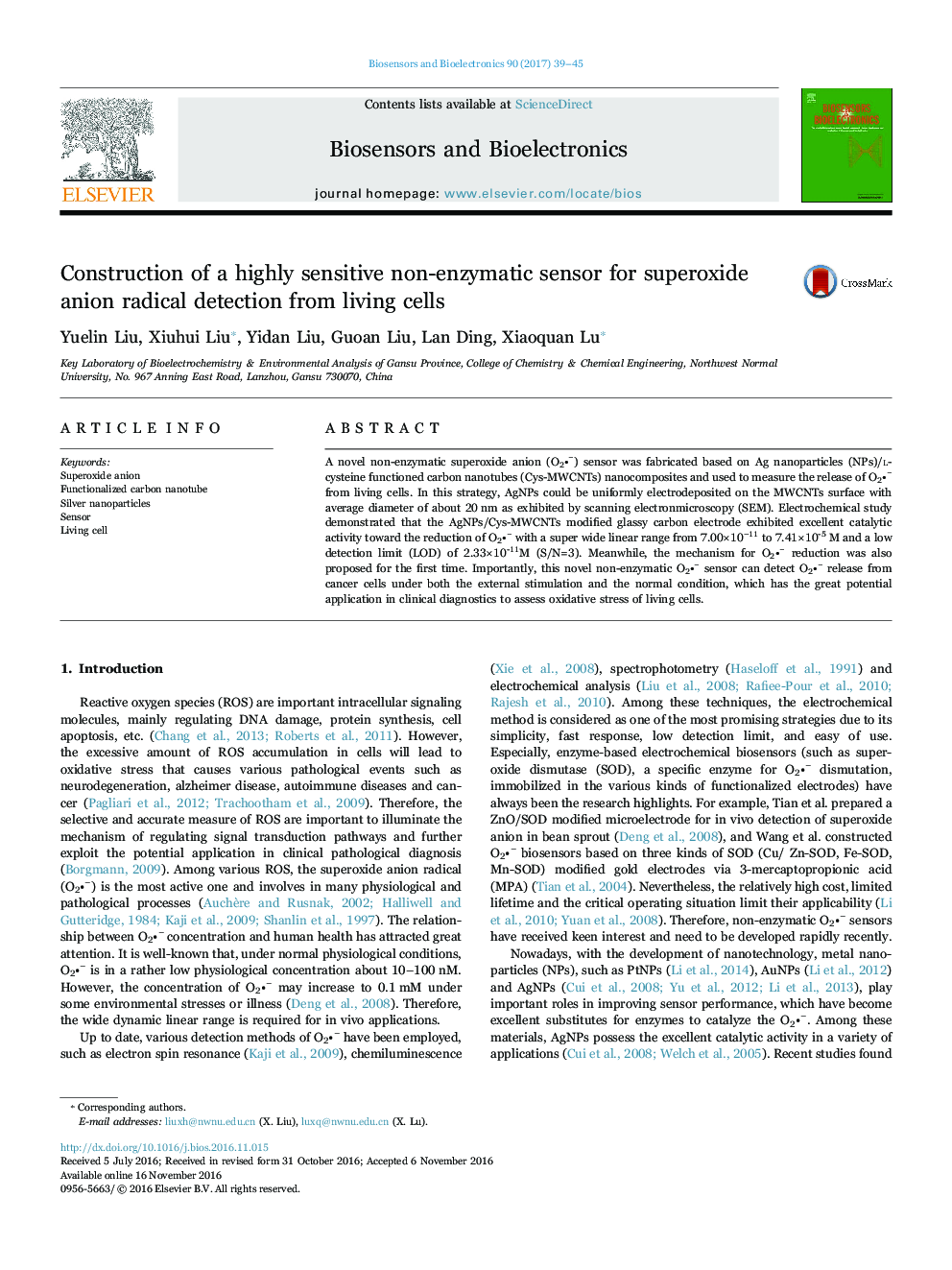 Construction of a highly sensitive non-enzymatic sensor for superoxide anion radical detection from living cells