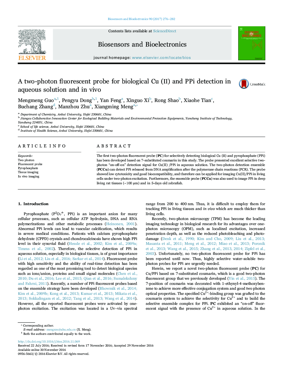 A two-photon fluorescent probe for biological Cu (â¡) and PPi detection in aqueous solution and in vivo