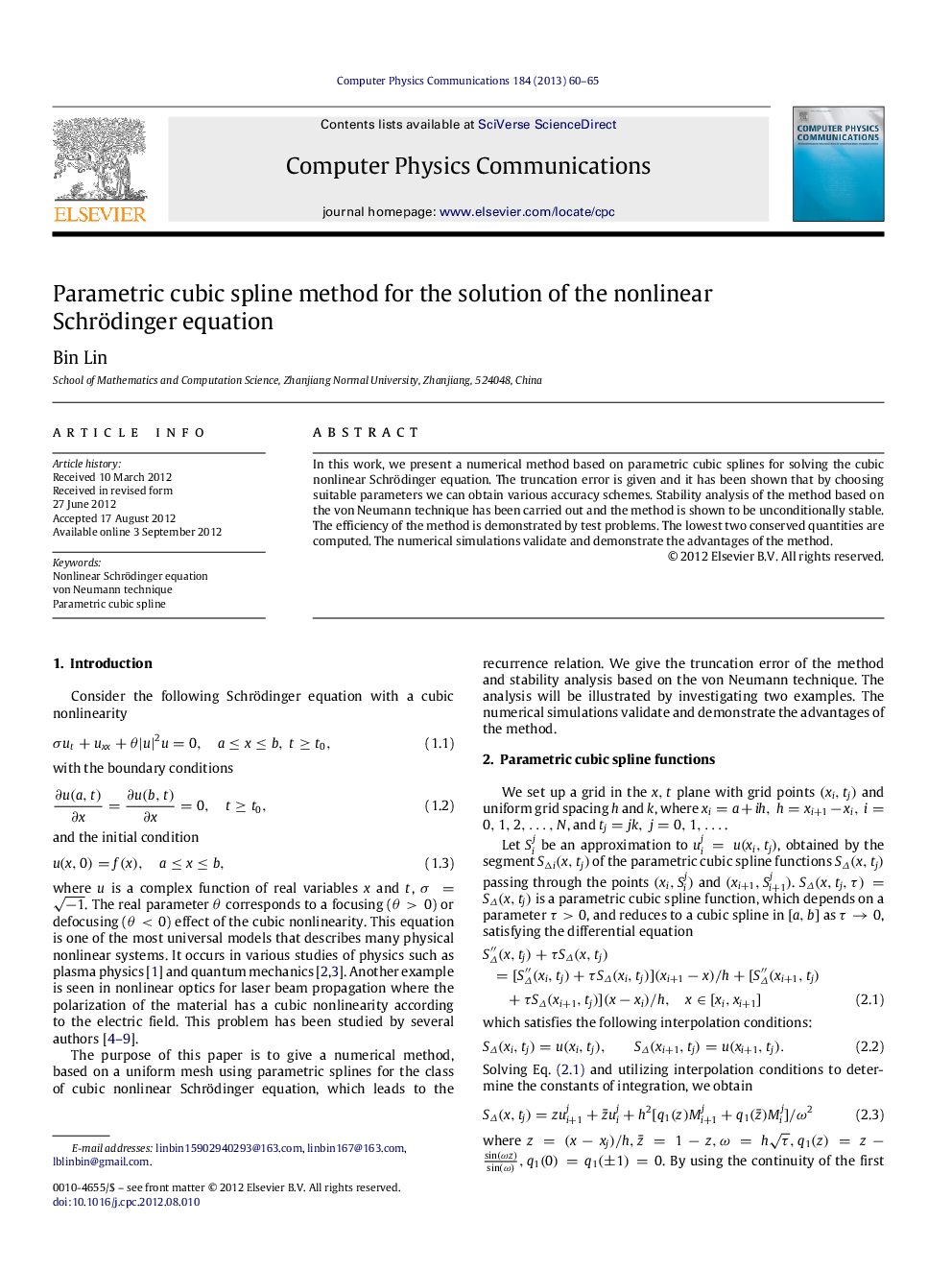 Parametric cubic spline method for the solution of the nonlinear Schrödinger equation