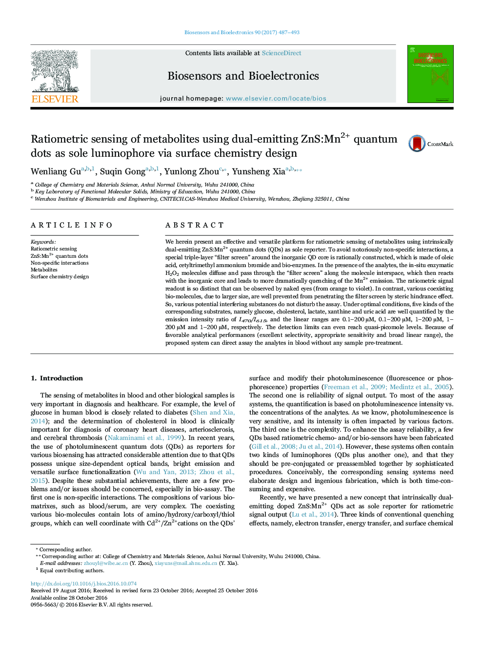 Ratiometric sensing of metabolites using dual-emitting ZnS:Mn2+ quantum dots as sole luminophore via surface chemistry design