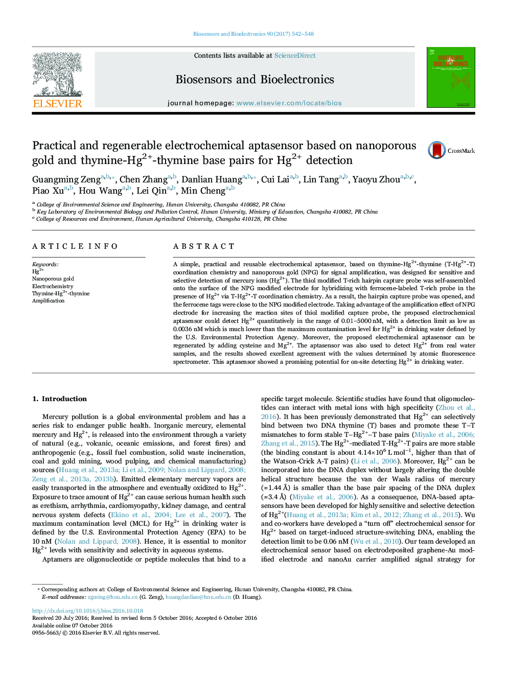 Practical and regenerable electrochemical aptasensor based on nanoporous gold and thymine-Hg2+-thymine base pairs for Hg2+ detection