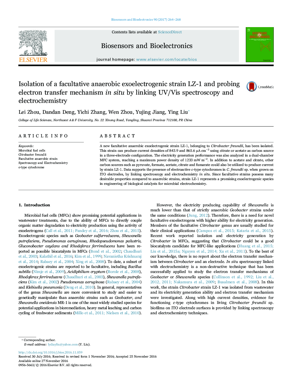 Isolation of a facultative anaerobic exoelectrogenic strain LZ-1 and probing electron transfer mechanism in situ by linking UV/Vis spectroscopy and electrochemistry