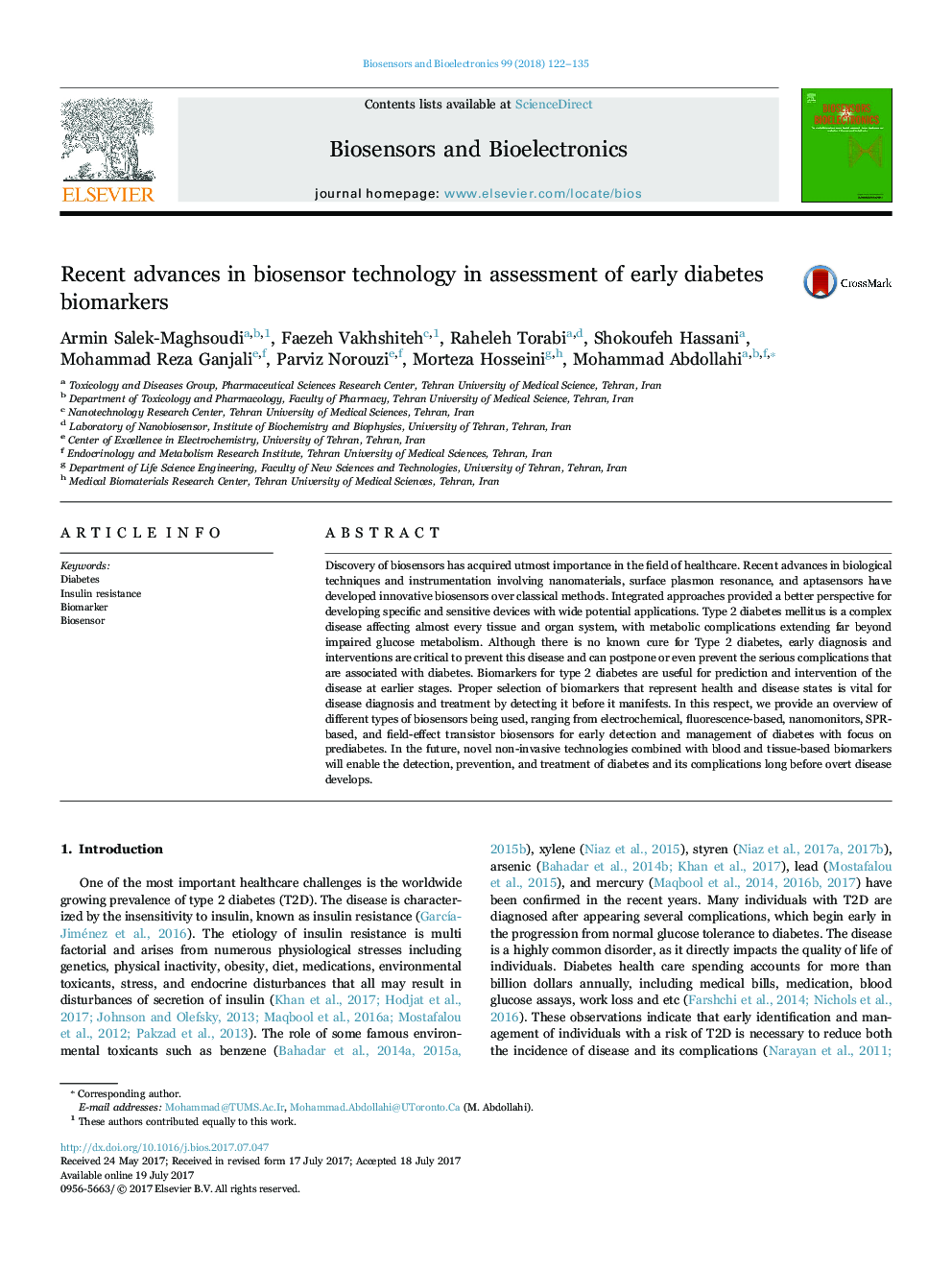 Recent advances in biosensor technology in assessment of early diabetes biomarkers