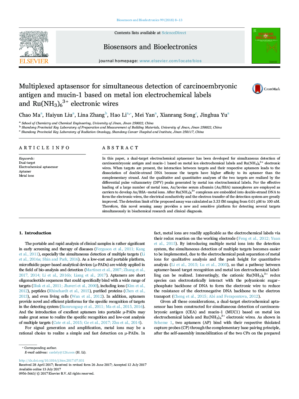 Multiplexed aptasensor for simultaneous detection of carcinoembryonic antigen and mucin-1 based on metal ion electrochemical labels and Ru(NH3)63+ electronic wires