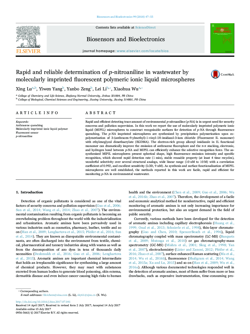 Rapid and reliable determination of p-nitroaniline in wastewater by molecularly imprinted fluorescent polymeric ionic liquid microspheres