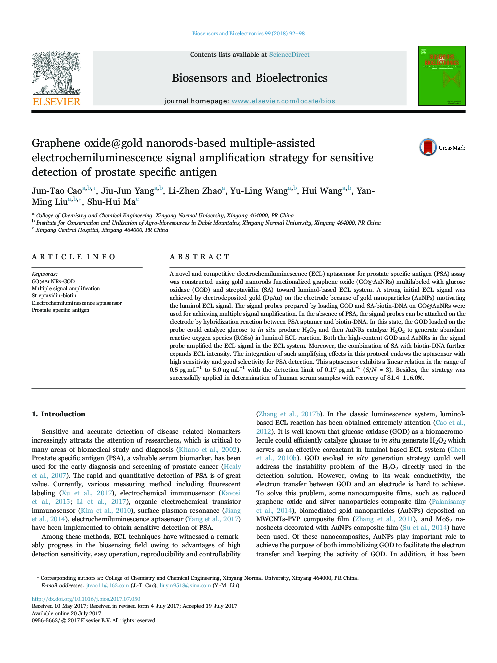 Graphene oxide@gold nanorods-based multiple-assisted electrochemiluminescence signal amplification strategy for sensitive detection of prostate specific antigen