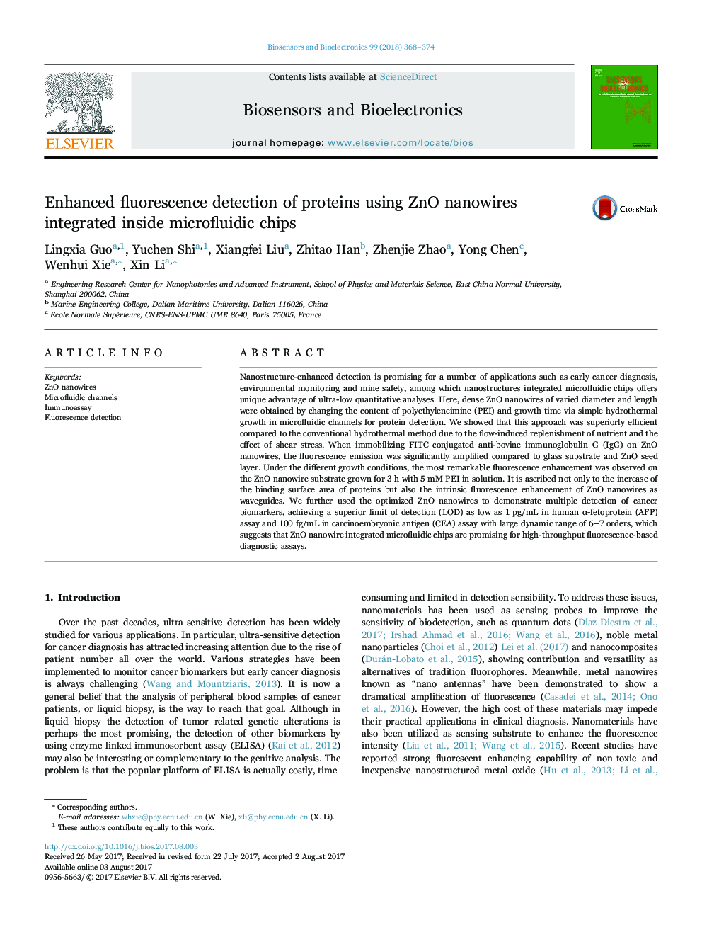 عکس صفحه اول مقاله: Enhanced fluorescence detection of proteins using ZnO nanowires integrated inside microfluidic chips Enhanced fluorescence detection of proteins using ZnO nanowires integrated inside microfluidic chips